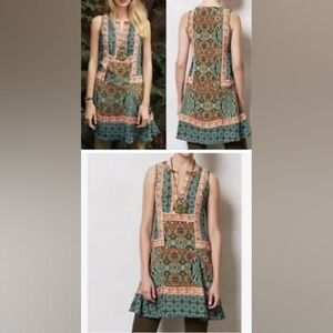 Tolani Reva Anthropologie Green and Orange Patterned Tunic Large
